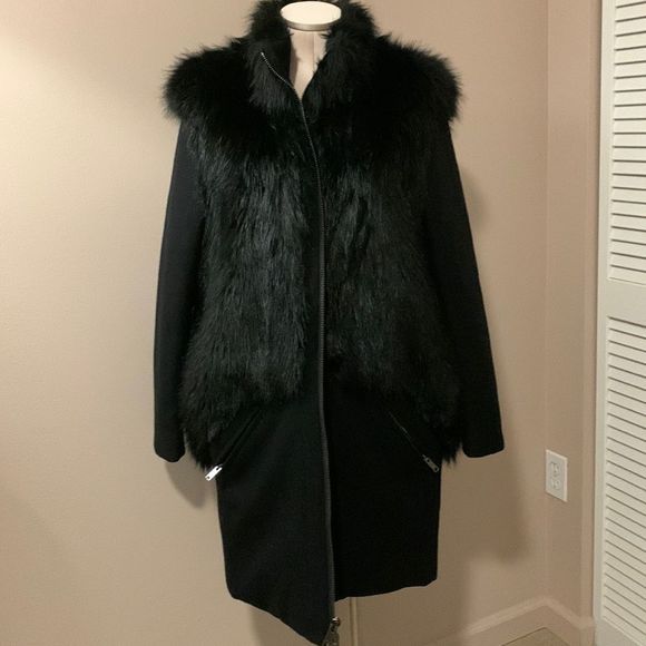 Donna Karan New York Black Wool Coat with Faux Fur size estimate 4-6- Like New - Picture 1 of 16